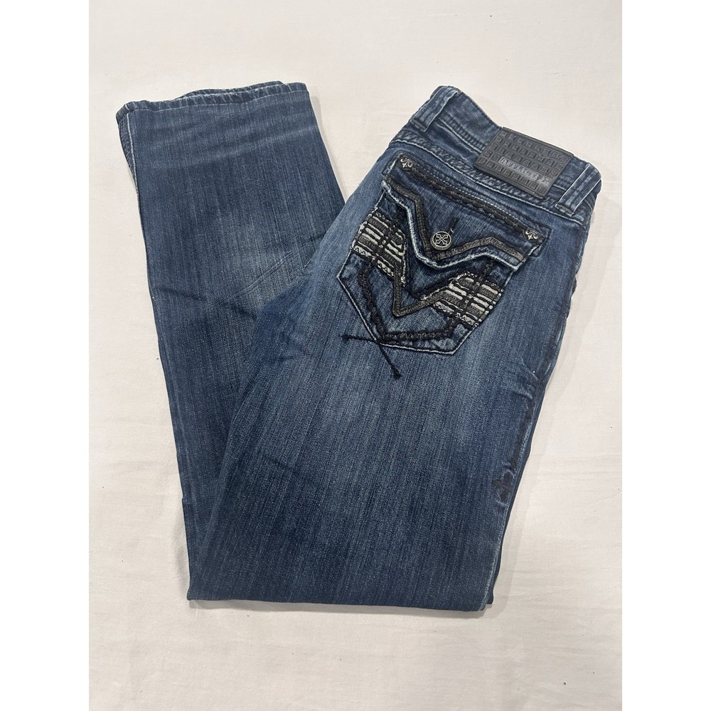 Y2K Affliction Blake Black Premium Jeans Mens 30 Back Pocket Flap Zip Buckle